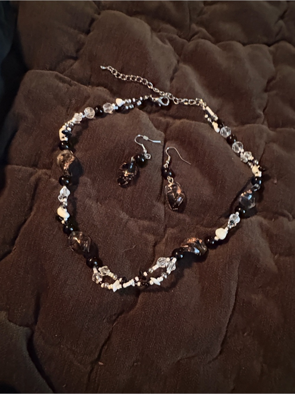 Handcrafted Black and Copper Leaf Bead Necklace with Matching Earrings